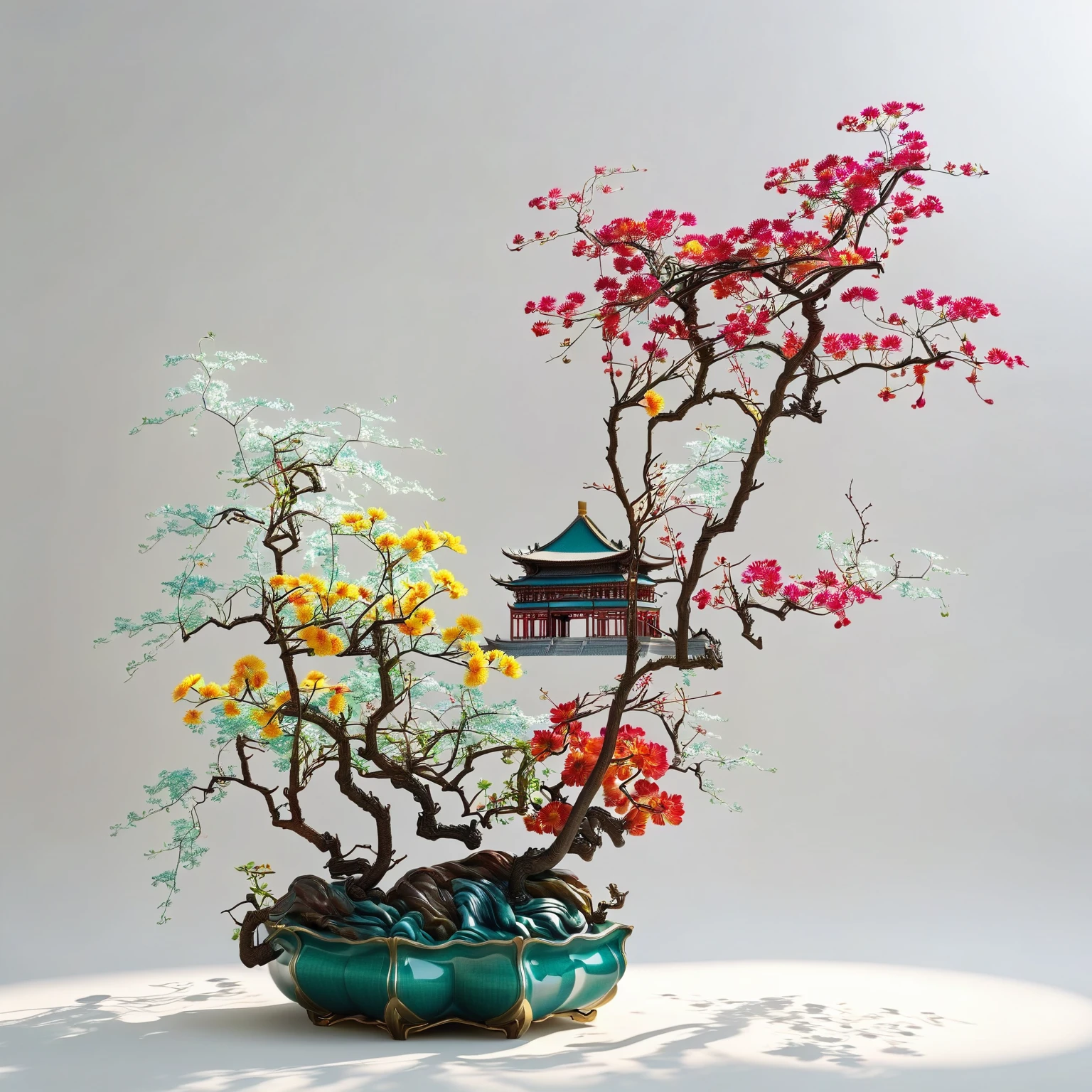(White background), (The art of math,ink:1.2), (Oriental elements, Chinese colors, Advanced color matching), (3D Sculpture,Octane Rendering,Volumetric Light,自然柔和的light), (Ultra-delicate:1.2, Loss of focus:1.2, colorful, light, Chiaroscuro,Ray Tracing), Mountain, river, Tree, Chinese Architecture ,flower