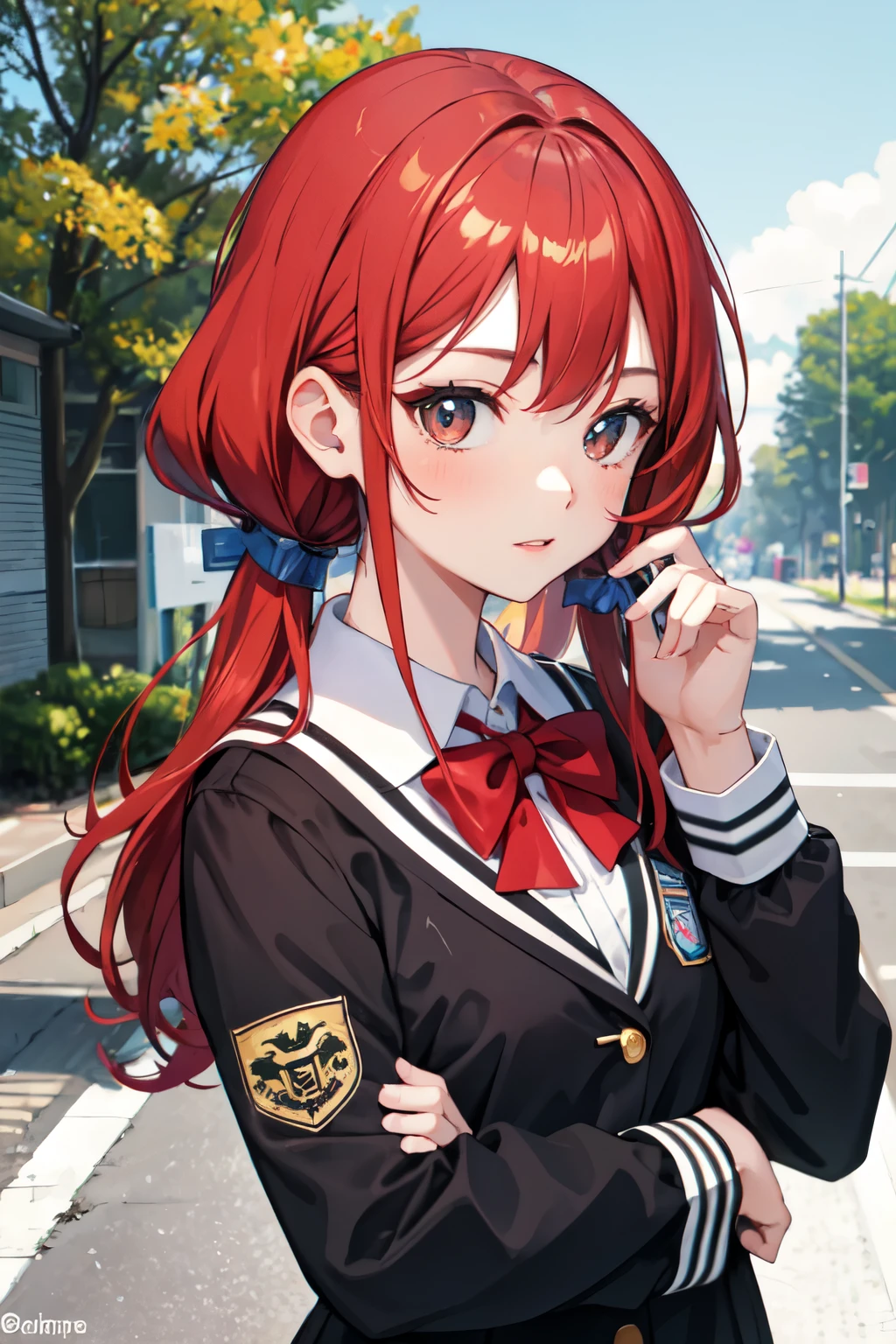 ((Highest quality)), ((masterpiece)), (detailed), high school girl，Beauty，On the way home from school，Cute uniform，Red hair，
