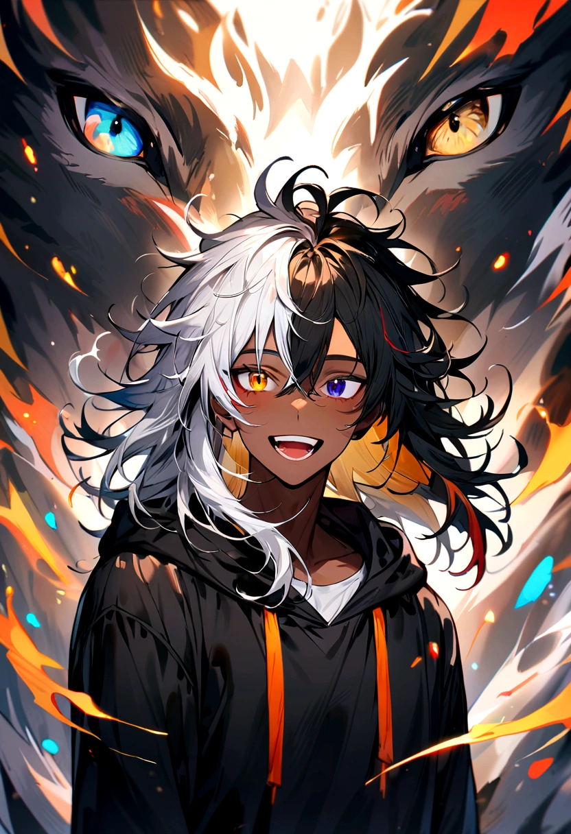 White shirt, Wearing a black hoodie , Yellow and black eyes heterochromia , Joyful expression, Messy hair , Medium Length Hair , 1 man , Colorful black and white hair , Two-tone hair , Darker skin tone, Next to the wolf
