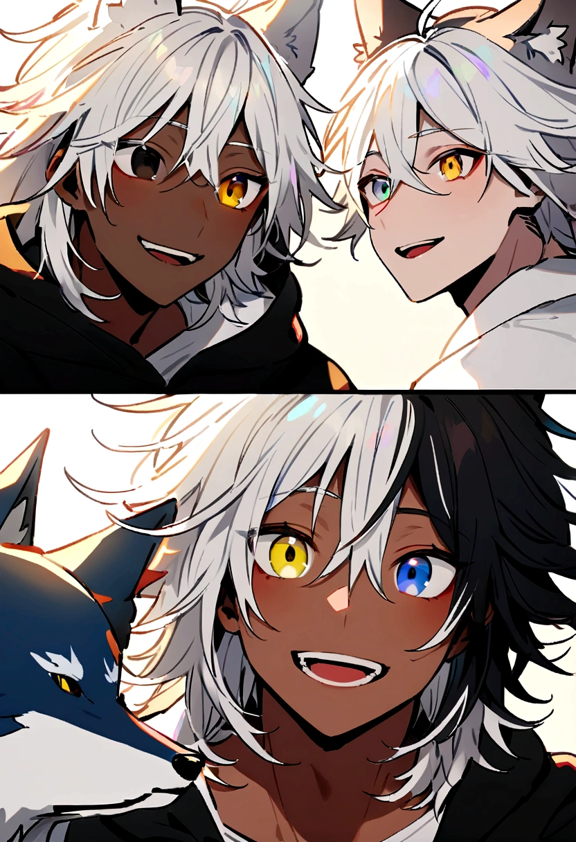 White shirt, Wearing a black hoodie , Yellow and black eyes heterochromia , Joyful expression, Messy hair , Medium Length Hair , 1 man , Colorful black and white hair , Two-tone hair , Darker skin tone, Next to the wolf 