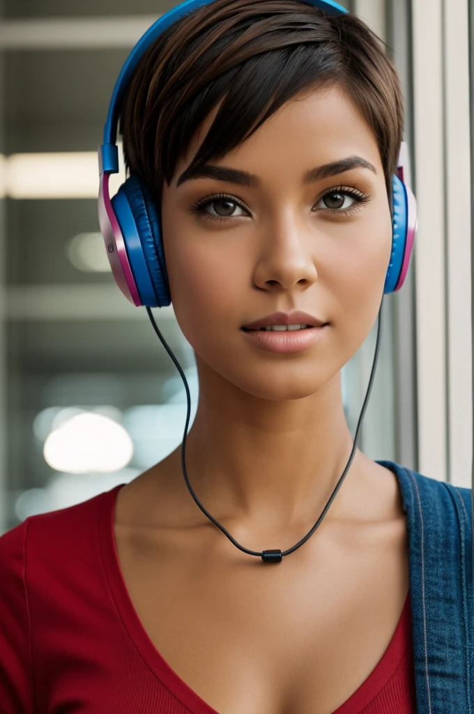 Female with short hair and headphones