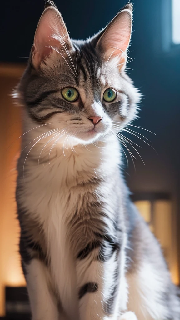A large cat's face is drawn in portrait mode, surrounded by vibrant rainbow marble and silver light. The cat's face is sideways, looking up. The fur is drawn in great detail, giving it a realistic texture. The tips of the fur reflect light, beautifully expressing the shiny parts.
The cat's eyes are deep rainbow marble, and subtle color changes can be seen when they receive light. The pupils are wide open, giving the impression that the cat is staring at something. The cat's nose is rainbow marble colored, and the tip of the nose is also shining brightly when light hits it.
Many faint dots of light float in the background, giving the whole piece a fantastical atmosphere. The dots of light are of various sizes, and are colorfully scattered, mainly in rainbow marble color and silver. These lights blend into the cat's surroundings, giving the impression that the cat is among the stars.
The outlines of the cat's whiskers and ears are also emphasized by the light, and each finely drawn hair in particular shines beautifully in the light. The shape of the ears is also clearly defined, with a soft rainbow marble-colored light shining inside the ears.
The lighting effects in this image are very distinctive, highlighting the details of the cat's fur and face while also creating an overall mystical atmosphere. In particular, the gradation of light and the placement of the light spots are exquisite, making a strong impression on the viewer.
Overall, this image is very realistic, yet rich in fantastical elements. The cat's facial expression and the use of light are beautifully harmonious, making this a very visually appealing piece.