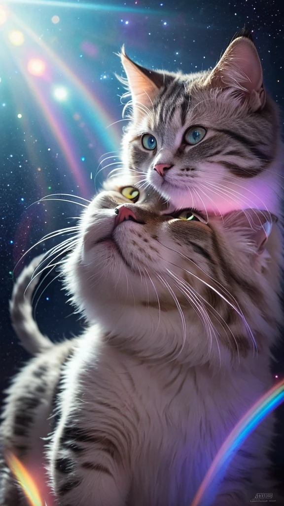 A large cat's face is drawn in portrait mode, surrounded by vibrant rainbow marble and silver light. The cat's face is sideways, looking up. The fur is drawn in great detail, giving it a realistic texture. The tips of the fur reflect light, beautifully expressing the shiny parts.
The cat's eyes are deep rainbow marble, and subtle color changes can be seen when they receive light. The pupils are wide open, giving the impression that the cat is staring at something. The cat's nose is rainbow marble colored, and the tip of the nose is also shining brightly when light hits it.
Many faint dots of light float in the background, giving the whole piece a fantastical atmosphere. The dots of light are of various sizes, and are colorfully scattered, mainly in rainbow marble color and silver. These lights blend into the cat's surroundings, giving the impression that the cat is among the stars.
The outlines of the cat's whiskers and ears are also emphasized by the light, and each finely drawn hair in particular shines beautifully in the light. The shape of the ears is also clearly defined, with a soft rainbow marble-colored light shining inside the ears.
The lighting effects in this image are very distinctive, highlighting the details of the cat's fur and face while also creating an overall mystical atmosphere. In particular, the gradation of light and the placement of the light spots are exquisite, making a strong impression on the viewer.
Overall, this image is very realistic, yet rich in fantastical elements. The cat's facial expression and the use of light are beautifully harmonious, making this a very visually appealing piece.