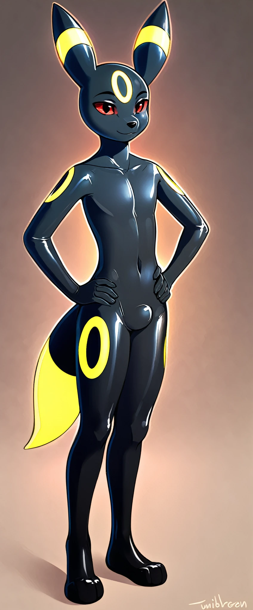digitally drawn, full body image of a twink male umbreon, detailed smooth and shiny skin, skin is made of rubber ,full body, standing, hand on hip, other hand resting at side