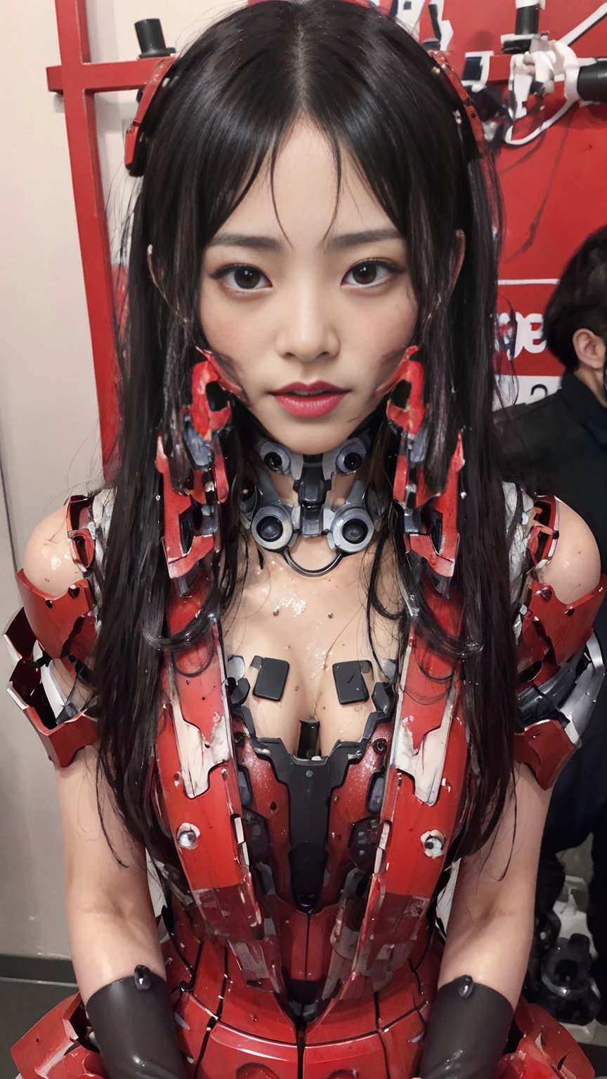 Rough skin, Very detailed, Advanced Details, high quality, 最high quality, High resolution, 1080P 、、Red Armor、Wearing red and black、cute((During a break))(破損したwoman用ロボットスーツを着用...)(Red Armor)(Broken Armor)Black Hair、、Soaking wet、Soaked Face Beautiful Face、Hot look knock down、よだれing from the mouth、woman (Steam coming out of the face) ((Steam from the body)) Filming location I can see the vagina Release Schedule look up Remove headgear