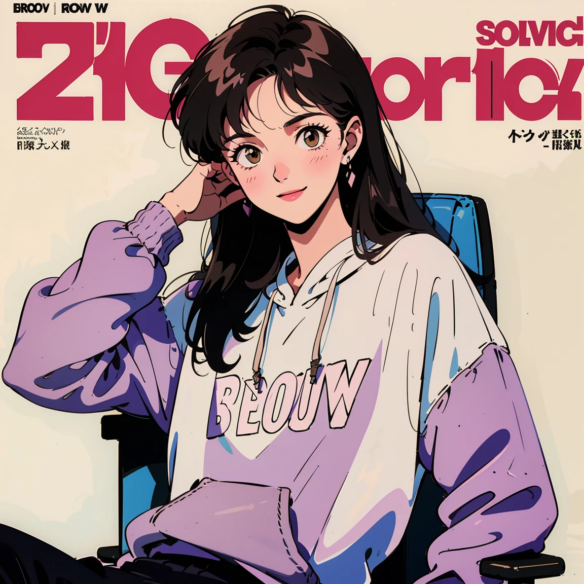 Best image quality, 1980s style animation, 21 year old girl, black hair, long hair, light brown eyes, skin as pale as snow, With a baggy sweatshirt, white background, magazine cover, whole body , sit on a chair , posing, Smiling broadly, So pretty, sexy face, whole body