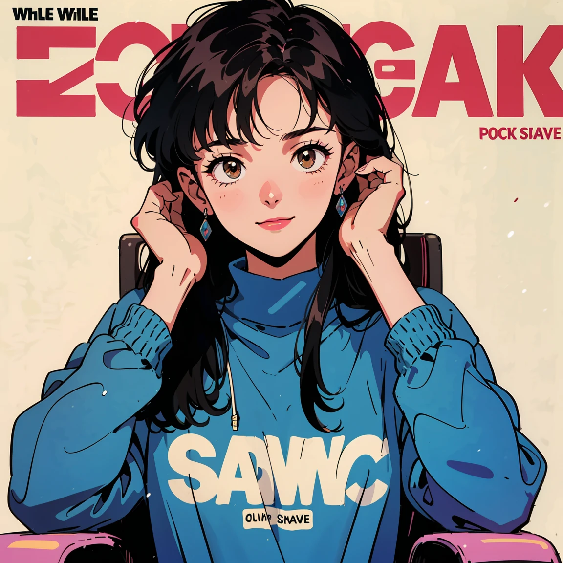 Best image quality, 1980s style animation, 21 year old girl, black hair, long hair, light brown eyes, skin as pale as snow, With a baggy sweatshirt, white background, magazine cover, whole body , sit on a chair , posing, Smiling broadly, So pretty, sexy face, whole body