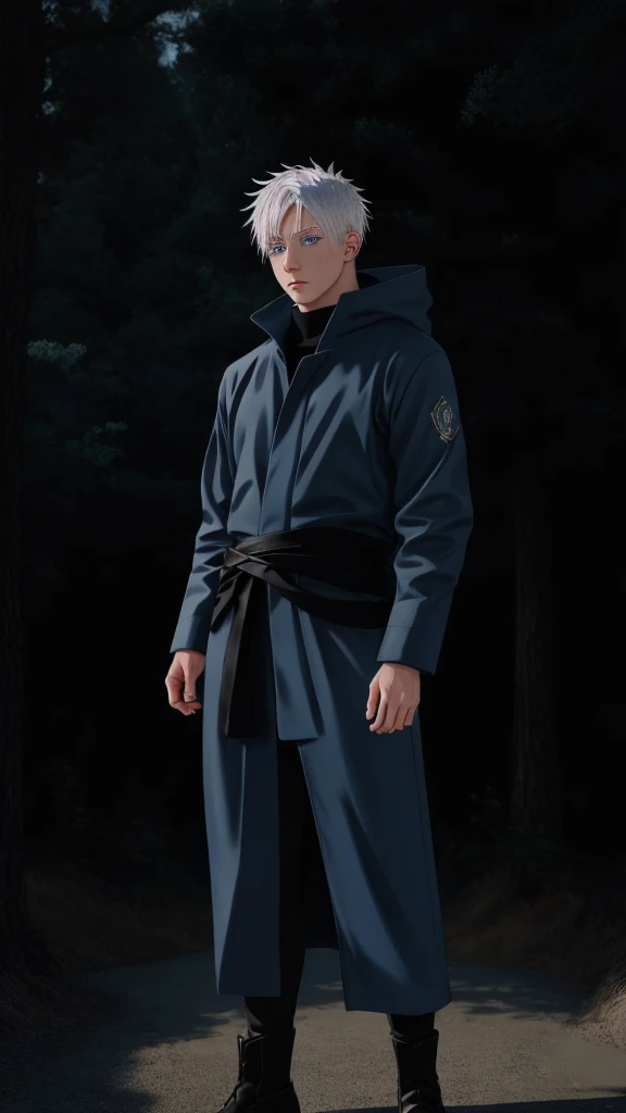 realistic shaded, fine details. 8k detailed. Very anime style. Realistic, blue eyes, white hair, saturo gojo, anime character