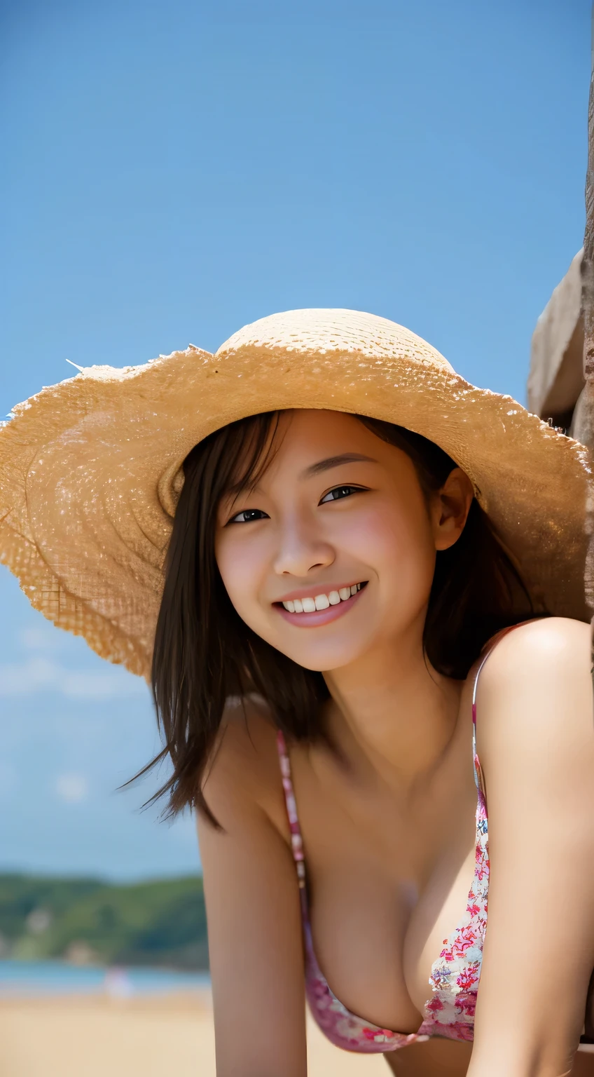 masterpiece,best quality,(Japanese ),((Beautiful girl)),cleavage,(perfect body beauty:1.2),(shy smile),beautiful teeth,(straw hat),(seaside),