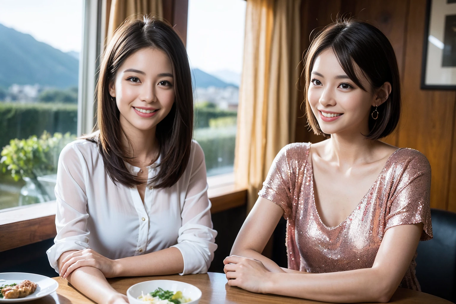 ((Highest quality、8K、masterpiece:1.3))、1 male、1 woman who resembles Satomi Ishihara、Couple、spouse、Couple、The body is slim、((Bob Hale、Straight hair:1.2)), (Realistic, Intricate details:1.2), テーブルの上のwine glass、Put the light on your face、 Amazing view of the sunset sky and clouds、Amazing mountain views、A bright smile、The wonderfulness of smile、Bright image、The beauty of wine, Beautiful Face, blue eyes, The light shines on your face, Blushing, short hair,Bright Face、42 years old), 39 years old, red wine 、Appetizers、Italian food、Wine bottle、Champagne、sparkling wine、Two beauties、Brown Hair、Shortcuts、Long sleeve shirt、dress、Beautiful woman 1, (slimな顔), (The body is slim), (Brown Hair), (Shortcuts), cheeks turn a little red,Attractive beauty、restaurant, In a prominent place (From the waist up) Nova Frog Style, actress, model, Upper Body, White wine, slim, wine glass, 中央に置かれたwine glass, smile, (smile: 1.15), Beautiful fine grain, Depth f/2,saturation, High Contrast, Strong light and shadow,Moist Body:1.5、3D texture、Delicate eyes、Brown Hair、The hair is very shiny、
