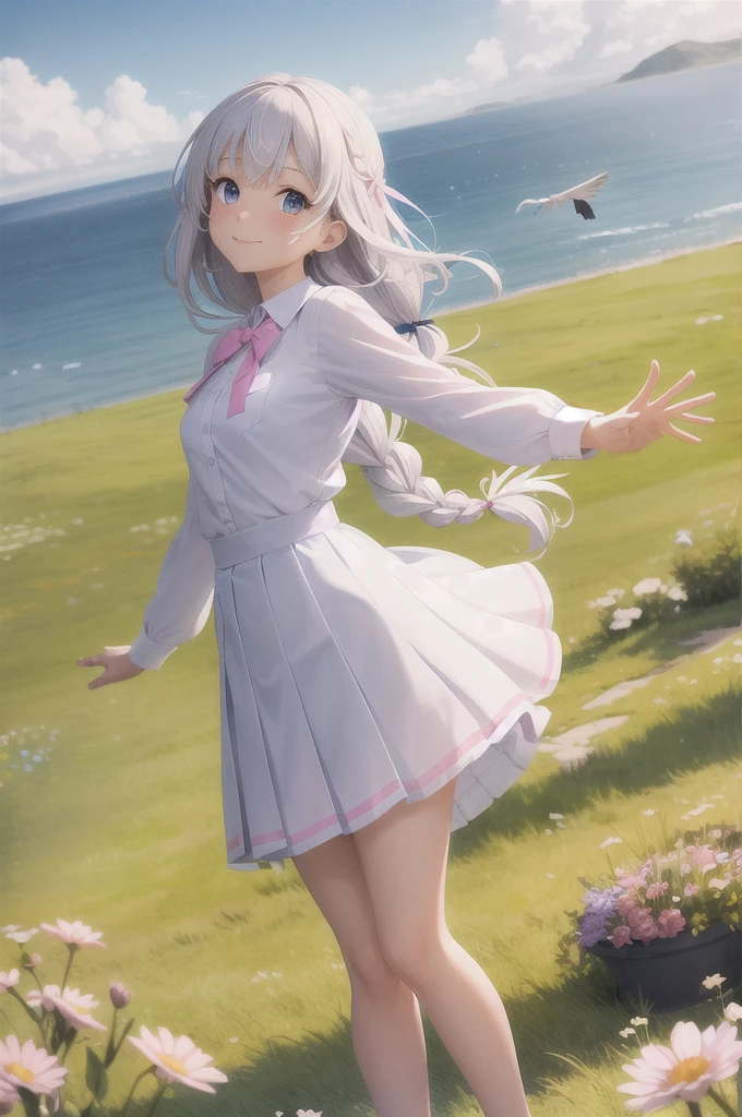 (masterpiece:1.3), (absurdres:1.3), (best quality:1.3), (ultra-detailed:1.3), 1girl, ph elaina, Eoutfit4, elaina (majo no tabitabi), solo, long hair, bow, white shirt, blush, skirt, bangs, hair between eyes, blue eyes, bowtie, hair bow, collared shirt, long sleeves, shiny hair, neck ribbon, dress shirt, sidelocks, pleated skirt, pocket, hair tubes, white hair, single braid, wing collar, pink ribbon, , shiny, hair ribbon, bright smile, full body, day, clear sky, looking at sky, look Up, meadow background, closed mouth, (wind:1.2), flowers flying in the wind, dynamic pose, waving,
