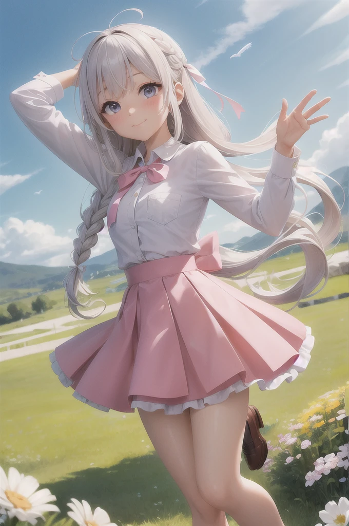 (masterpiece:1.3), (absurdres:1.3), (best quality:1.3), (ultra-detailed:1.3), 1girl, ph elaina, Eoutfit4, elaina (majo no tabitabi), solo, long hair, bow, white shirt, blush, skirt, bangs, hair between eyes, blue eyes, bowtie, hair bow, collared shirt, long sleeves, shiny hair, neck ribbon, dress shirt, sidelocks, pleated skirt, pocket, hair tubes, white hair, single braid, wing collar, pink ribbon, , shiny, hair ribbon, bright smile, full body, day, clear sky, looking at sky, look Up, meadow background, closed mouth, (wind:1.2), flowers flying in the wind, dynamic pose, waving,