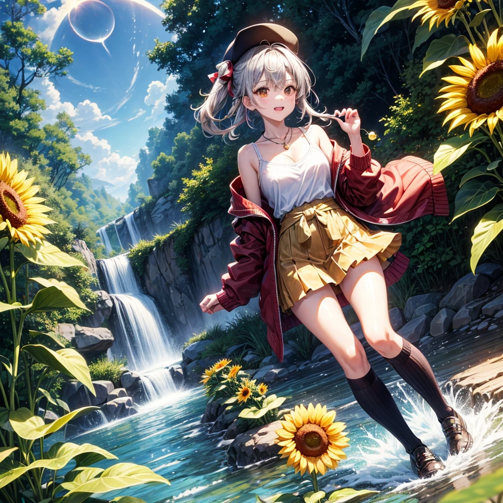Red, brown, gold, gold hair、Golden Eyes、Hair tied up、One good looking girl、solo、anime、Checkered mini skirt、Ruffles on the skirt、camisole、Lightweight cardigan、Black knee-high socks、Wearing a baseball cap、Ribbon、Ribbon on waist、Teeth are visible、Silver coin necklace、From above、Sunflower Tunnel、Cobblestones、waterfall、Clear Stream、Have sunflowers、Midnight Moon、Winding Road、Unlocking、suspension bridge、Flying soap bubbles