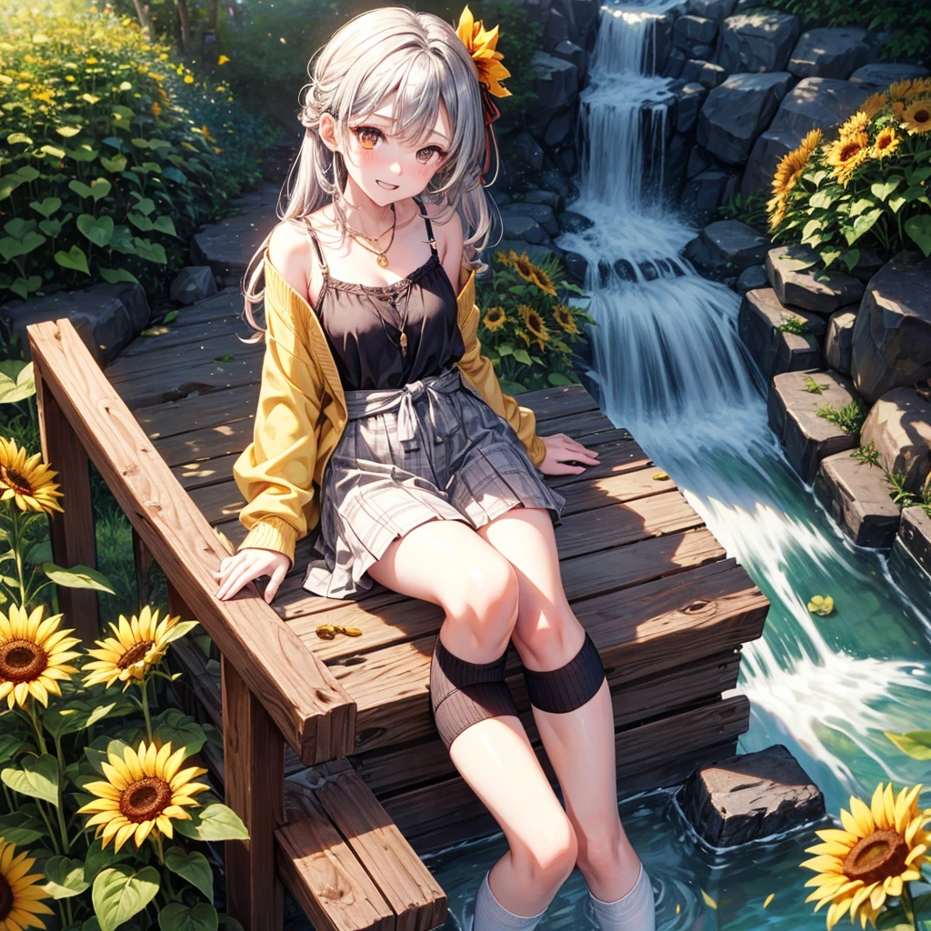Red, brown, gold, gold hair、Golden Eyes、Hair tied up、One good looking girl、solo、anime、Checkered mini skirt、Ruffles on the skirt、camisole、Lightweight cardigan、Black knee-high socks、Wearing a baseball cap、Ribbon、Ribbon on waist、Teeth are visible、Silver coin necklace、From above、Sunflower Tunnel、Cobblestones、waterfall、Clear Stream、Have sunflowers、Midnight Moon、Winding Road、Unlocking、suspension bridge、Flying soap bubbles