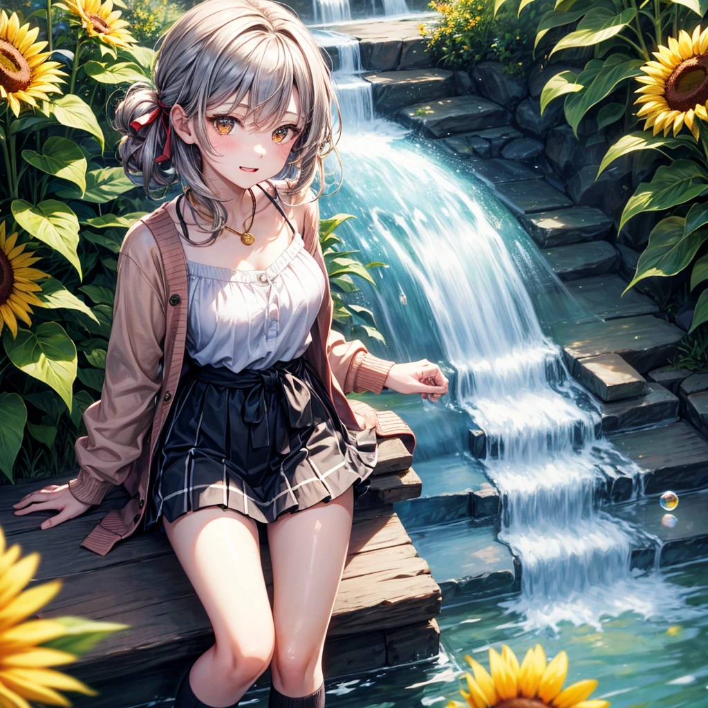 Red, brown, gold, gold hair、Golden Eyes、Hair tied up、One good looking girl、solo、anime、Checkered mini skirt、Ruffles on the skirt、camisole、Lightweight cardigan、Black knee-high socks、Wearing a baseball cap、Ribbon、Ribbon on waist、Teeth are visible、Silver coin necklace、From above、Sunflower Tunnel、Cobblestones、waterfall、Clear Stream、Have sunflowers、Midnight Moon、Winding Road、Unlocking、suspension bridge、Flying soap bubbles
