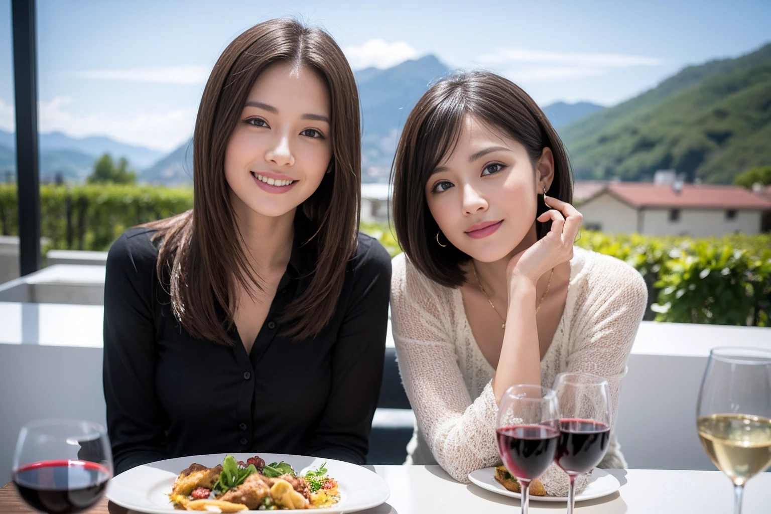 ((Highest quality、8K、masterpiece:1.3))、1 male、1 woman who resembles Satomi Ishihara、Couple、spouse、Couple、The body is slim、((Bob Hale、Straight hair:1.2)), (Realistic, Intricate details:1.2), テーブルの上のwine glass、Put the light on your face、 Amazing view of the sunset sky and clouds、Amazing mountain views、A bright smile、The wonderfulness of smile、Bright image、The beauty of wine, Beautiful Face, blue eyes, The light shines on your face, Blushing, short hair,Bright Face、42 years old), 39 years old, red wine 、Appetizers、Italian food、Wine bottle、Champagne、sparkling wine、Two beauties、Brown Hair、Shortcuts、Long sleeve shirt、dress、Beautiful woman 1, (slimな顔), (The body is slim), (Brown Hair), (Shortcuts), cheeks turn a little red,Attractive beauty、restaurant, In a prominent place (From the waist up) Nova Frog Style, actress, model, Upper Body, White wine, slim, wine glass, 中央に置かれたwine glass, smile, (smile: 1.15), Beautiful fine grain, Depth f/2,saturation, High Contrast, Strong light and shadow,Moist Body:1.5、3D texture、Delicate eyes、Brown Hair、The hair is very shiny、