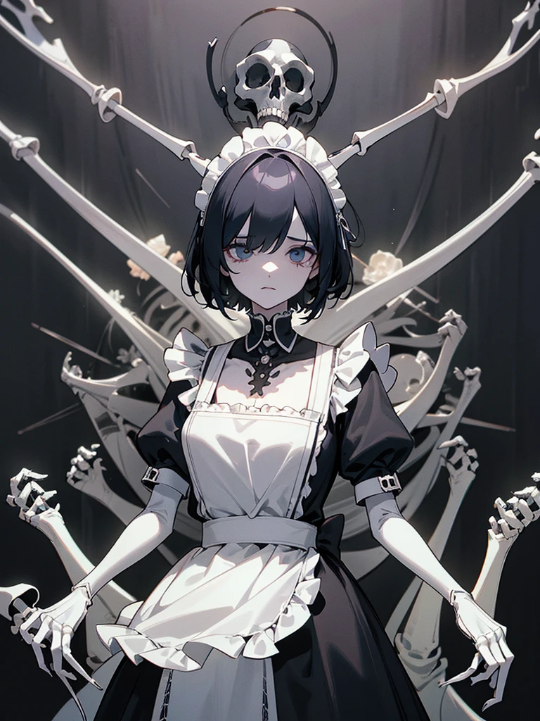 (​masterpiece、top-quality、hight resolution、Unity 8k Wallpaper、extremely details CG:1), An illustration of a skeletal maid, an undead figure entirely made of bones, dressed in a formal maid uniform. Her skull, ribcage, and all her bones are clearly visible, creating a striking contrast with her meticulously maintained traditional maid's dress, apron, and lace headpiece. Despite her skeletal appearance, she carries herself with grace and poise, embodying the essence of a dedicated maid. The skeletal maid is depicted in a respectful, non-threatening manner, emphasizing that she never attacks people. The background could be a grand, gothic-style mansion, enhancing the eerie yet refined atmosphere.