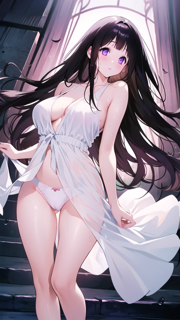 Beautiful Chitanda,只有一个beautiful girl,Purple Eyes, Black Hair, Natural straight hair, Straight bangs,Extremely refined,open your lips,Face is so red,Very white skin,Skin as delicate as porcelain,Glowing skin,big eyes,Flowing long hair,beautiful girl, Like a dream,Slim,Slim waist,Soft, (Sensual), (Kawaii), Dream quality,White Dress,High slit,Sweaty and sweaty,Wet skin,Side breasts,Underwear Rain,Standing on the steps in the air,(Completely naked),Gluteal groove,Completely naked的背部,nacked hip,very close,Deep V neckline,Loose neckline,Beautiful big breasts,No pants,nopan,no pants,Bare shoulders,Exposed collarbone,Delicate clavicle,Delicate hands and feet,Bare neck,There are no clothes around the neck,Bare thighs,Exposed groin,Camel toe,extremely shy,Ultra-high resolution, (masterpiece:1.2, best quality), (Delicate and beautiful eyes: 1.2), (Beautiful and delicate face)