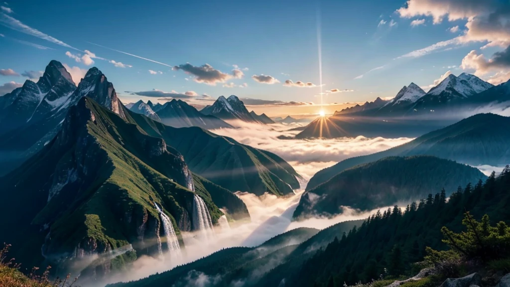 At the center of the canvas is a towering mountain,Its height is astounding,It seems to be connected to the sky。The mountains are illuminated by soft sunlight,The surrounding mountains and clouds present a mysterious interplay of light and shadow。sun shining through clouds,Illuminate every detail of the mountain,Make the whole mountain range look even more spectacular。
Below the peaks,Depicts vast mountainous areas。The mountains and gorges here look even more majestic and steep in the sun。Sunlight shines through the clouds and gaps in the mountains,Sprinkle on the hillside,The entire area is bathed in golden light。Additionally,The vegetation on the mountain also takes on a variety of colors,From verdant woods to brightly colored wildflowers,All reflect the vitality and vitality of nature。
In the middle of this magnificent mountainous area,Several huge waterfalls rush down from above,Splash water layer。Each waterfall is like a silver ribbon,gleaming in the sunlight。Splashes,Refracts colorful light,Like a treasure trove of nature。
In the distance of the canvas,Some looming peaks and seas of clouds are depicted。These peaks and sea of clouds are illuminated by the sun,Presents mysterious light and shadow effects。A sea of clouds rolling,Like a spectacle in the sky,It is in harmony with the mountains on the ground。
The colors of the whole picture are mainly blue and gray,It expresses the mystery of the sky and clouds。ao mesmo tempo,The glow of the sun and the waterfall add golden warmth and brilliance to the picture。This color combination makes the whole picture more spectacular,Let people feel the shock and washing of the soul while appreciating。
The painting not only shows the majesty and magnificence of the mountains,It is also described in terms of delicate light and color,Let people feel the mystery and beauty of nature。In such a scenario,One can feel the power and beauty of nature,At the same time, It is also able to reflect on the place and responsibility of h