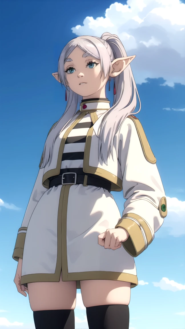 to freeze, to freeze, long hair, ponytail, (green eyes:1.5), White hair, pointed ears, elf, full length (full body 1.1.), , very sexyaked, ose,
BR shirt, long sleeves, jewelry, Tights, earrings, striped, black Tights, lure, striped shirt,
BREAK looking at viewer, upper body, whole body,
BREAK outdoors, sky, nature,
BREAK (masterpiece:1.2), Best quality, A high resolution, unity 8k wallpaper, (illustration:0.8), (beautiful detailed eyes:1.6), very detailed face, perfect lighting, extremely detailed computer graphics, (perfect hands, Ideal Anatomy),