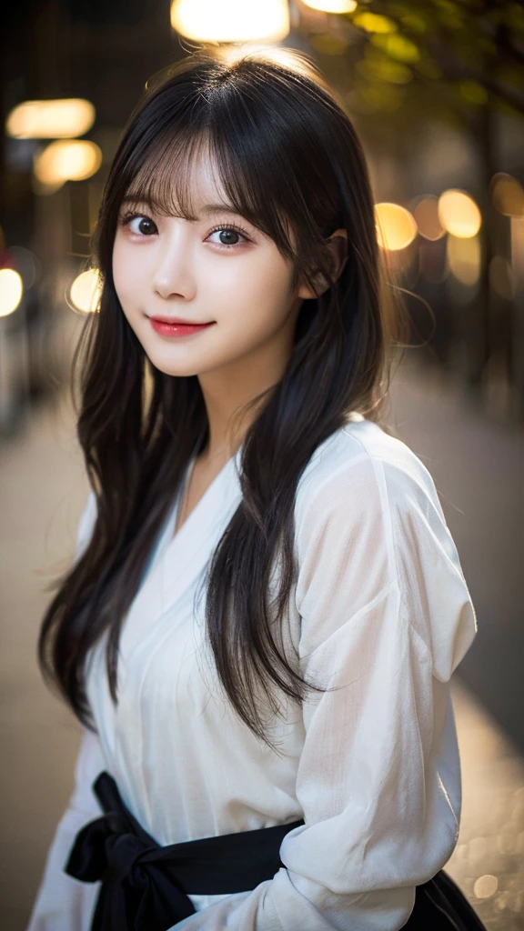 (top-quality,masterpiece:1.3,超A high resolution,),(Ultra-detail,Caustics),(Photorealsitic:1.4,RAW shooting,)Ultra-realistic capture,A highly detailed,High resolution 16K human skin closeup、 Skin texture is natural、、The skin looks healthy with an even tone、 Use natural light and color,1 girl,japanes,22year old,kawaii,Black Hair、longhair,,smil,,(depth of fields、chromatic abberation、、Wide range of lighting、Natural Shading、)、Night view