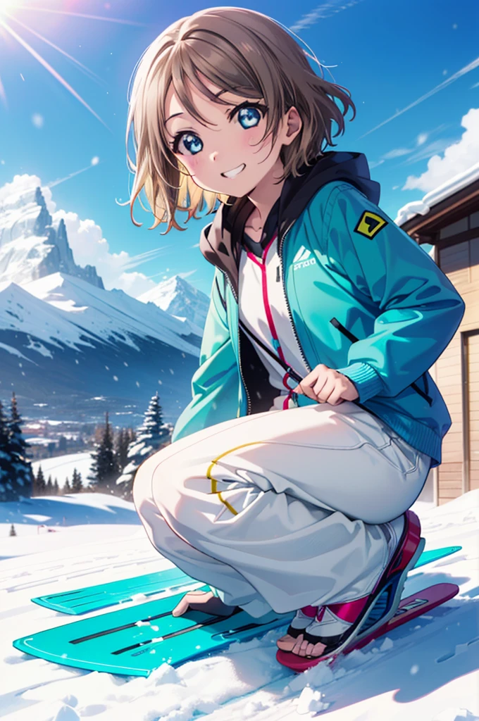 Yo Watanabe, Watanabe Yo, short hair, blue eyes, Brown Hair, smile, Grin,Yellow Wear、Outerwear is blue、Red trousers),shoes,One Girl,small ,1 、smile,()、(((Gliding from the summit)))、Ski resort on a sunny day、snow board、(((女の子が坂道をsnow boardで下っている)))(((snow boardを着る)))、whole bodyがイラストに入る,
break ourdoors, Snow Mountain,
break looking at viewer, whole body,
break (masterpiece:1.2), Highest quality, High resolution, unity 8k wallpaper, (figure:0.8), (Beautiful attention to detail:1.6), Highly detailed face, Perfect lighting, Highly detailed CG, (Perfect hands, Perfect Anatomy),