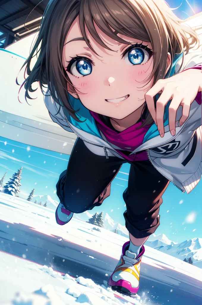 Yo Watanabe, Watanabe Yo, short hair, blue eyes, Brown Hair, smile, Grin,Yellow Wear、Outerwear is blue、Red trousers),shoes,One Girl,small ,1 、smile,()、(((Gliding from the summit)))、Ski resort on a sunny day、snow board、(((女の子が坂道をsnow boardで下っている)))(((snow boardを着る)))、whole bodyがイラストに入る,
break ourdoors, Snow Mountain,
break looking at viewer, whole body,
break (masterpiece:1.2), Highest quality, High resolution, unity 8k wallpaper, (figure:0.8), (Beautiful attention to detail:1.6), Highly detailed face, Perfect lighting, Highly detailed CG, (Perfect hands, Perfect Anatomy),