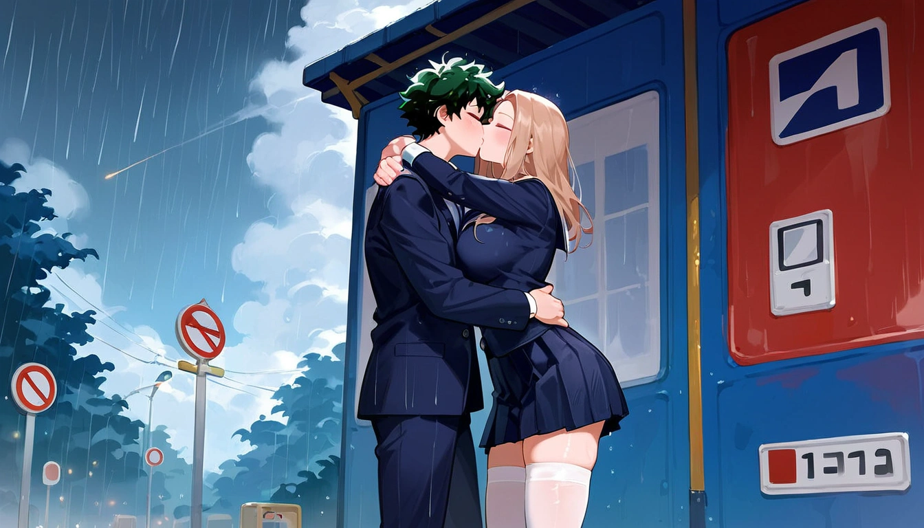 anime artwork, score_9, score_8_up, score_7_up, score_6_up, score_5_up, score_4_up, r,Camie Utsushimi, light brown hair, dark brown eyes,, breasts, , big breasts, (school uniform:1.2), standing, cap, she is 24 years old, wet whirt, ,horny, , , white stockings, style_3, 1boy, Izuku Midoriya, kissing, at the bus stop, outdoors, raining, blush, wet, dark atmoshpere, closed eyes, They are completely soaked, evening, gaps in the clouds, his hands on her hips, hugging