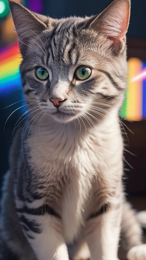 A large cat's face is drawn in portrait mode, surrounded by vibrant rainbow marble and silver light. The cat's face is sideways, looking up. The fur is drawn in great detail, giving it a realistic texture. The tips of the fur reflect light, beautifully expressing the shiny parts.
The cat's eyes are deep rainbow marble, and subtle color changes can be seen when they receive light. The pupils are wide open, giving the impression that the cat is staring at something. The cat's nose is rainbow marble colored, and the tip of the nose is also shining brightly when light hits it.
Many faint dots of light float in the background, giving the whole piece a fantastical atmosphere. The dots of light are of various sizes, and are colorfully scattered, mainly in rainbow marble color and silver. These lights blend into the cat's surroundings, giving the impression that the cat is among the stars.
The outlines of the cat's whiskers and ears are also emphasized by the light, and each finely drawn hair in particular shines beautifully in the light. The shape of the ears is also clearly defined, with a soft rainbow marble-colored light shining inside the ears.
The lighting effects in this image are very distinctive, highlighting the details of the cat's fur and face while also creating an overall mystical atmosphere. In particular, the gradation of light and the placement of the light spots are exquisite, making a strong impression on the viewer.
Overall, this image is very realistic, yet rich in fantastical elements. The cat's facial expression and the use of light are beautifully harmonious, making this a very visually appealing piece.