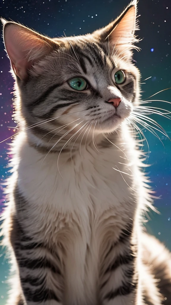 A large cat's face is drawn in portrait mode, surrounded by vibrant rainbow marble and silver light. The cat's face is sideways, looking up. The fur is drawn in great detail, giving it a realistic texture. The tips of the fur reflect light, beautifully expressing the shiny parts.

The cat's eyes are deep rainbow marble, and subtle color changes can be seen when they receive light. The pupils are wide open, giving the impression that the cat is staring at something. The cat's nose is rainbow marble colored, and the tip of the nose is also shining brightly when light hits it.

Many faint dots of light float in the background, giving the whole piece a fantastical atmosphere. The dots of light are of various sizes, and are colorfully scattered, mainly in rainbow marble color and silver. These lights blend into the cat's surroundings, giving the impression that the cat is among the stars.

The outlines of the cat's whiskers and ears are also emphasized by the light, and each finely drawn hair in particular shines beautifully in the light. The shape of the ears is also clearly defined, with a soft rainbow marble-colored light shining inside the ears.

The lighting effects in this image are very distinctive, highlighting the details of the cat's fur and face while also creating an overall mystical atmosphere. In particular, the gradation of light and the placement of the light spots are exquisite, making a strong impression on the viewer.

Overall, this image is very realistic, yet rich in fantastical elements. The cat's facial expression and the use of light are beautifully harmonious, making this a very visually appealing piece.