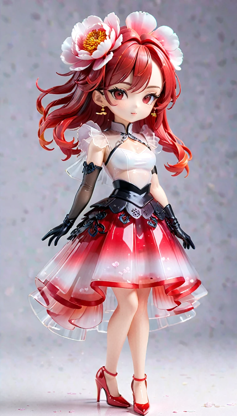 (Blind box toy styles:1.2),whole body, Solitary,White background,(Woman wearing a transparent white and red gradient peony skirt, Wearing gloves and high heels),(Chinese colors,colorful), 3d