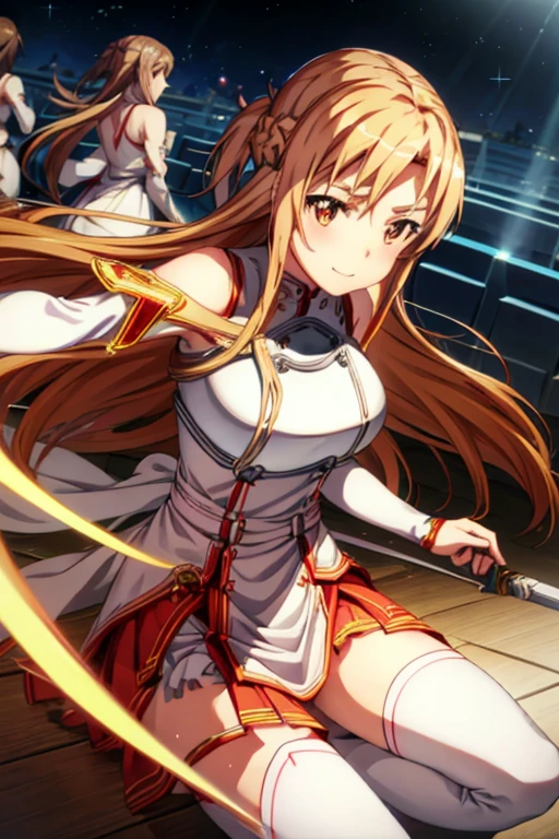 A captivating wallpaper of As Yuuki, Sword Art Online Heroine, Carefully crafted. (Highest quality, High resolution: 3000x3000 pixels)

One character, As Yuuki, Virtual Reality Suit, Long straight blonde hair with bangs, Blue eyes sparkling with determination, Her plump lips are slightly parted in a smile, Moderate: Digital Art, Vibrant colors, High resolution, Cinema Lighting, Ultra-fine detail, Sharp focus, Physically Based Rendering, Very detailed explanation, Portraiture.

Asuna in the middle of the action, Both hands tied with rope, Costume cut into pieces by sword