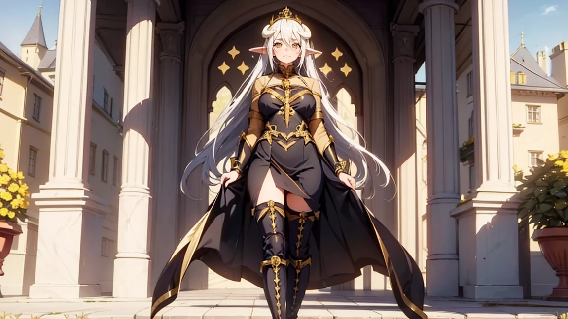 1 girl,20 years, Portrait of a girl, face accent, One,happy face,black and gold long dress,middle ,White hair,long hair,yellow eyes,Elf Ears, black small horns,white tights,Detailed long boots,golden tiara,Luxurious gold jewelry,(((standing on the porch of the castle)))