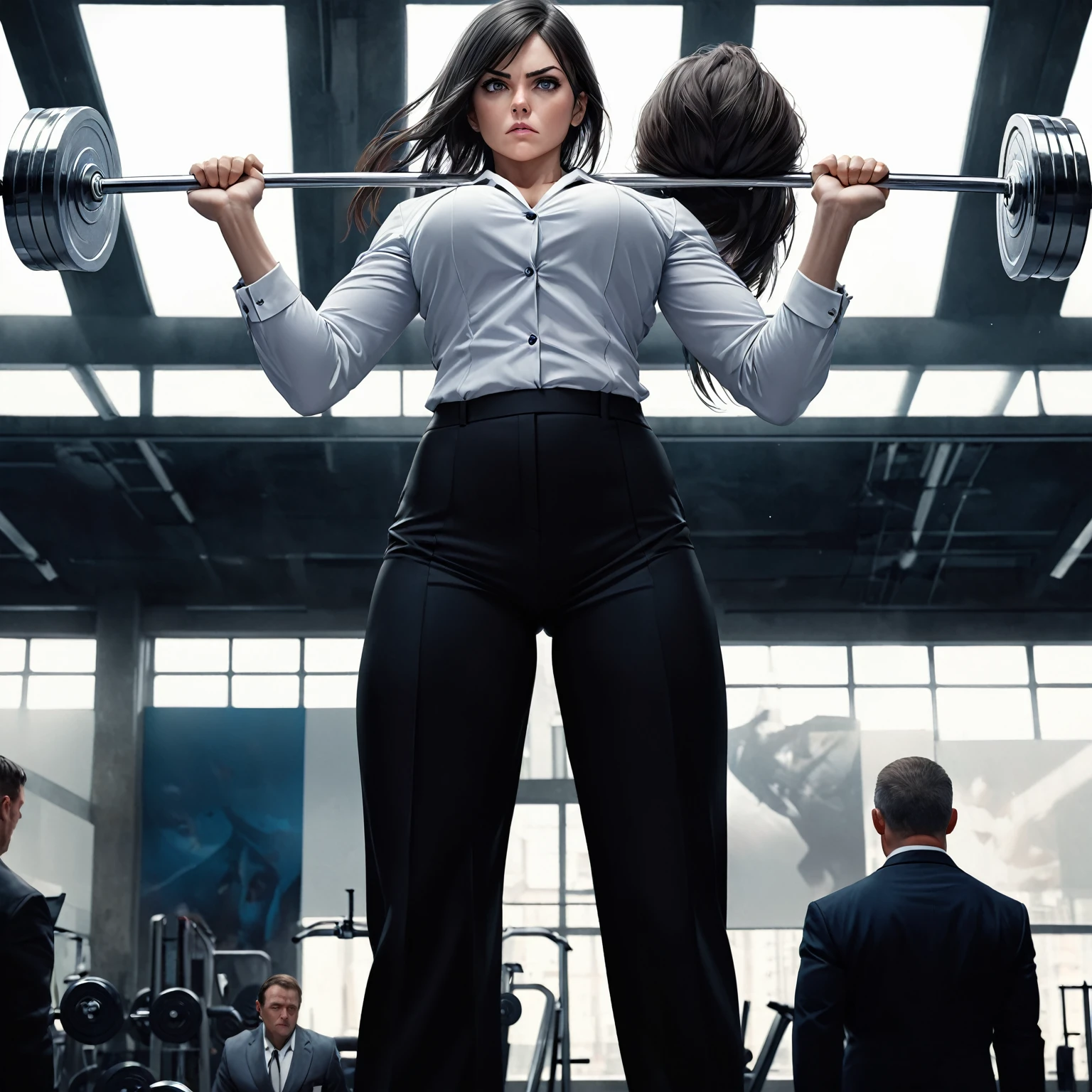 there is a woman that is lifting a barbell in a gym, corporate boss, strong woman, wearing a strict business suit, a hyper realistic, motivational, powerful stance, top floor boss shit, videogame still, photo render, serious business, [ realistic photo ]!!, fan art, an ultra realistic, mirrors edge art style, digitally painted