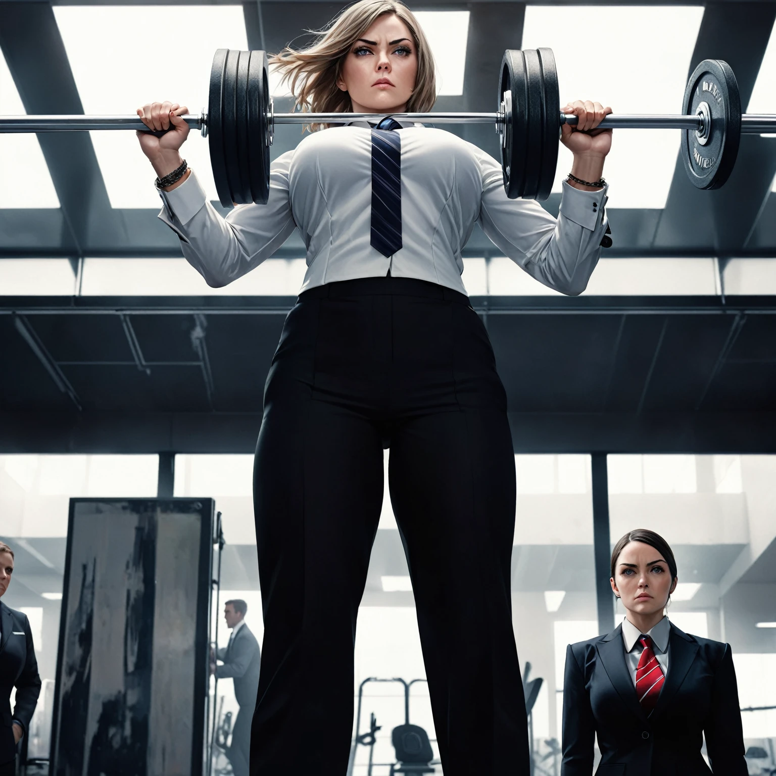 there is a woman that is lifting a barbell in a gym, corporate boss, strong woman, wearing a strict business suit, a hyper realistic, motivational, powerful stance, top floor boss shit, videogame still, photo render, serious business, [ realistic photo ]!!, fan art, an ultra realistic, mirrors edge art style, digitally painted