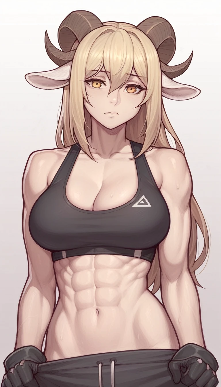 _asura style, 1girl, breasts, solo, horns, long_hair, navel, yellow_eyes, animal_ears, looking_at_viewer, large_breasts, abs, blonde_hair, white_background, cleavage, goat_ears, simple_background, midriff, goat_girl, bare_shoulders, crop_top, stomach, black_gloves, hair_between_eyes, gloves, sports_bra, bangs, collarbone, upper_body, goat_horns, underwear, closed_mouth, very_long_hair