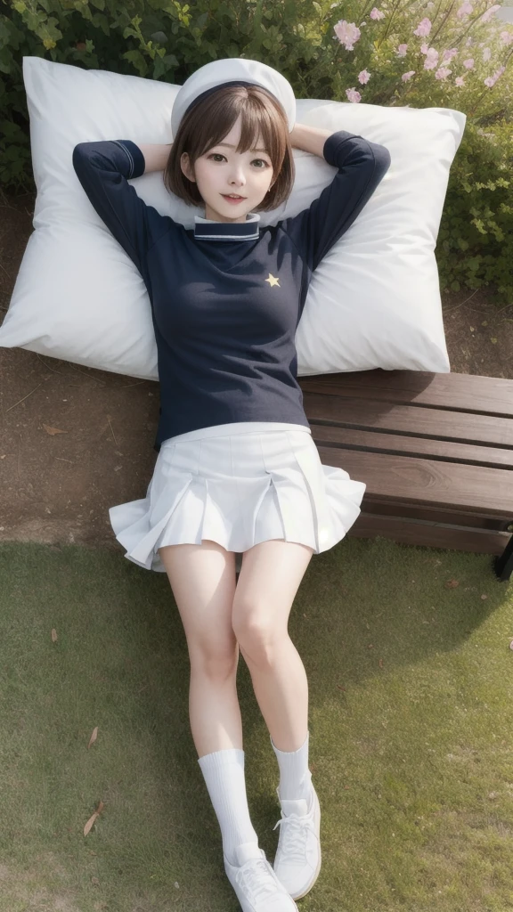masterpiece, best quality, highres, kinomoto sakura, 1girl, brown hair, short hair, antenna hair, two side up, hair bobbles, green eyes, , white sailor collar, black shirt, long sleeves, white skirt, pleated skirt, sitting, eating, outdoors, bench, food, leaf, (masterpiece, best quality: 1.2),(very detailed face, real image, realistic skin, realistic body, intricate details),1 woman, Kinomoto Sakura, brown hair, alone, skirt, green eyes, Short hair, have, white skirt, white hat, Magic Girl, Antenna hair, laugh, serafuku, pleated skirt, dehisce, looking at viewer, cowboy shot, long sleeves, star (symbol), muffler, lie down in bed with both arms extended above the head and placed behind the pillow, anime girl lying down, expose plump breasts, whole body, plump thighs, Natural Pose, beautifully, cute, Fix errors without any awkwardness, tall, I have long legs, Wearing (tomoeda_초등school_school_Uniform),black top, tennis mini skirt,cry in shame, wearing white ankle socks, random sexy poses