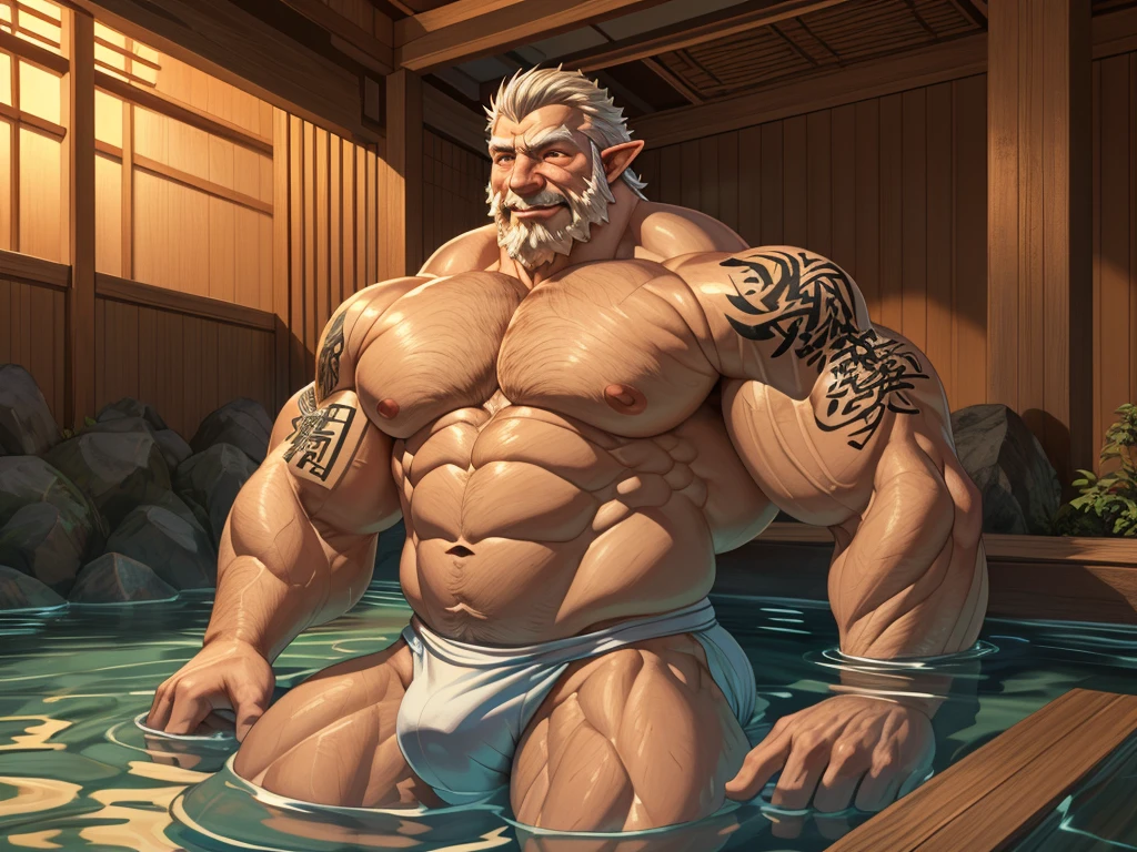 huge muscular old man elf soaking in an onsen, white and short hair, white beard, old, old man, grandpa, half submerged, (huge muscular), (yakuza tattoo:1.2), detailed muscles, 8k, masterpiece:1.2, hyperrealistic, white fundoshi, highly detailed full body, really big muscle, massive muscular, sixpack, thick arms, wide pectoral, super huge muscle, small head, huge shoulder, hyper muscular, submerged, floating steam, over sized muscle, huge arms, big arms, huge pectoral, bulge, , rich colors, serene atmosphere, traditional Japanese setting, wooden hot spring, soft ambient lighting, wrinkled skin, happy expression, reflective water, peaceful relaxation
