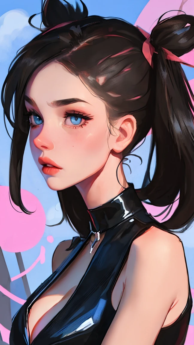 close up of face, Marnie (pokemon), punk, sucubbus, beautiful eyes, aqua eyes, choker, red ribbon, Side bangs, black hair, Voluminous hair, side ponytails, black lether jacket, pink dress, torn clothes, big breasts, london backgrond, (beautiful detailed face, beautiful detailed eyes), High contrast, (best illumination, an extremely delicate and beautiful), ((caustic, sexy, charming, seductive)), british woman, arms down, upper body, Adult, 26 years, russian woman, adult woman, style boobapad, London background, Big Ben, fluffy clouds, upper body, portrait, breast focus, 1girl, perfect breasts, big breasts, asymmetrical bangs, asymmetrical hair, bangs, huge breasts, half shaved haircut Pink ribbons in hair, Black choker, nipples.