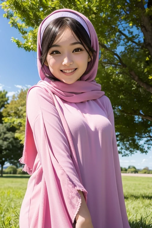 A young asian woman wearing a pink hijab, smiling and posing outdoors in a grassy field with a blue sky in the background