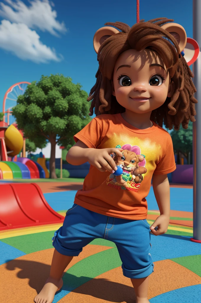 A charming 3D render of a cartoon character that resembles a lion with a large head and tiny body and hair on his face. The is wearing a vibrant red T-shirt and pants and has cute little hands and feet. The background shows a magical, colorful playground filled with adorable elements like floating rainbow balls, swings, and slides. The overall atmosphere of this Ultra-HD image is playful and charming, mixing realism with a touch of fantasy., 3D Render, Vibrant