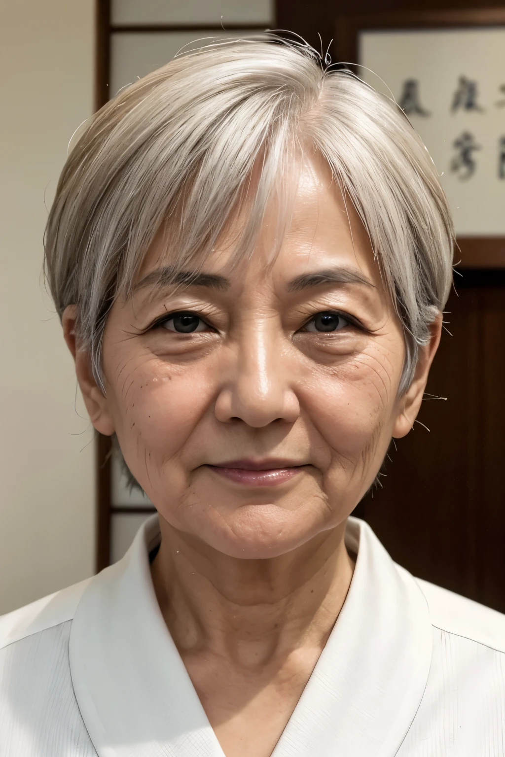 politician、50 year old grandma、Front of face、White formal attire、Light from the front、short hair、Japanese、Facial wrinkles、ID photo、Narrow eyes、Low Nose