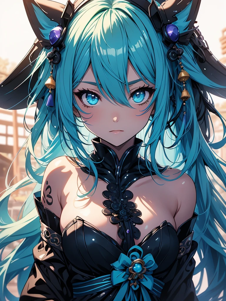 Miku Hatsune x vixen high definition add_detail:1, blue fur,kitsune ears, tribal tattoo add_detail:1, pretty girl add_detail:1, feudal priestess clothing add_detail:1, japanese shrine landscape add_detail:1, japanese shrine costume add_detail:1, add_detail:1, full body add_detail, highly detailed face, deep aqua iris add_detail:1, ninja girl,  dark aura, evil face add_detail:1