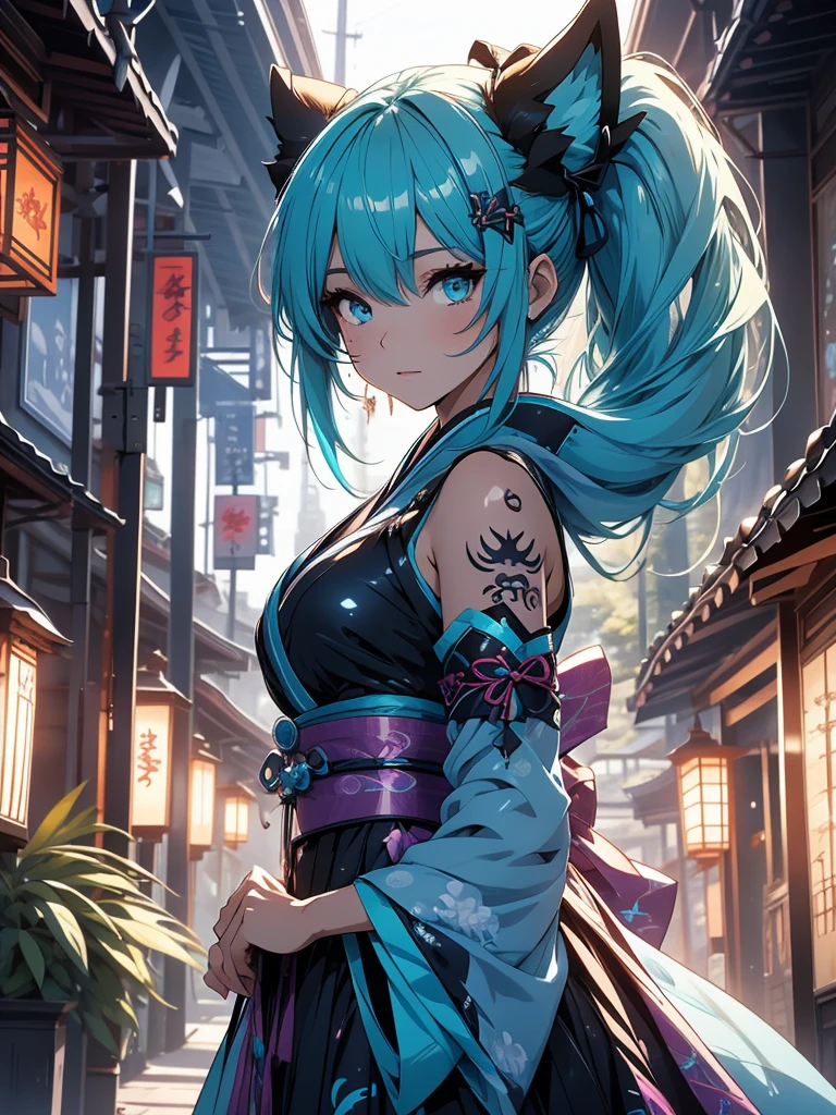 Miku Hatsune x vixen high definition add_detail:1, blue fur,kitsune ears, tribal tattoo add_detail:1, pretty girl add_detail:1, feudal priestess clothing add_detail:1, japanese shrine landscape add_detail:1, japanese shrine costume add_detail:1, add_detail:1, full body add_detail, highly detailed face, deep aqua iris add_detail:1, ninja girl,  dark aura, evil face add_detail:1