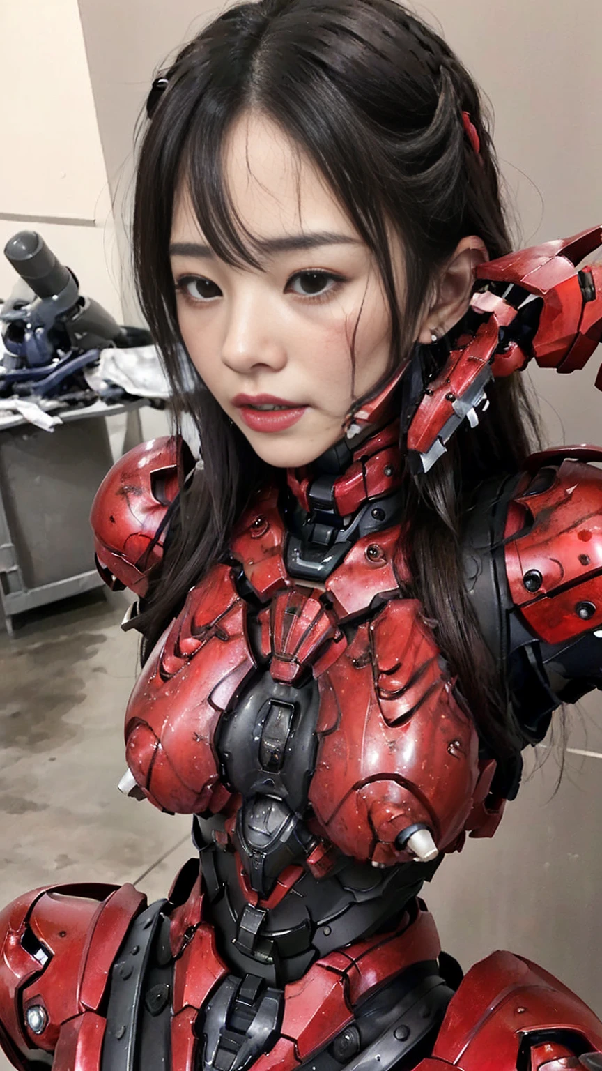 Rough skin, Very detailed, Advanced Details, high quality, 最high quality, High resolution, 1080P 、、Red Armor、Wearing red and black、cute((During a break))(破損したwoman用ロボットスーツを着用...)(Red Armor)(Broken Armor)Black Hair、、Soaking wet、Soaked Face Beautiful Face、Hot look knock down、よだれing from the mouth、woman (Steam coming out of the face) ((Steam from the body)) Filming location I can see the vagina Release Schedule look up Remove headgear
