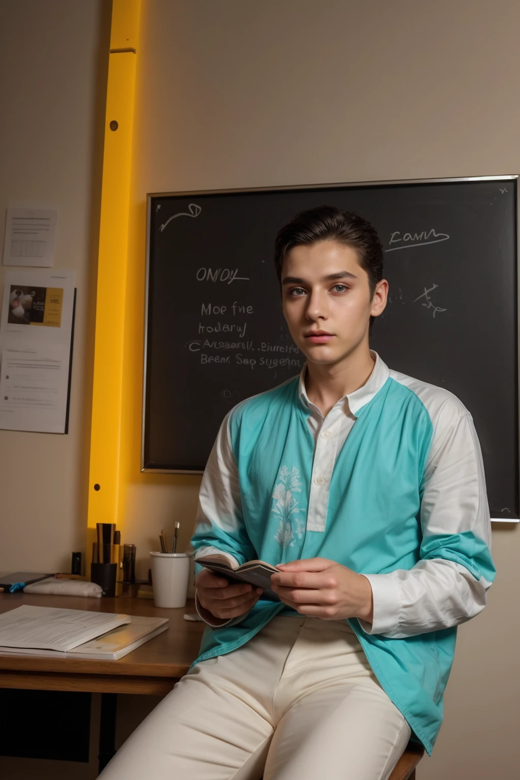 A beautiful young male twink, cute, with black hair and a face with make-up, wearing a long-sleeved white shirt and aqua blue pants, and he is in his office, and behind him is a blackboard on which is written the shape of the brain and its anatomy, and nuclear energy comes out of it, and he has a face with make-up and his eyes. Underneath are dark circles while he is sitting, and he appears innocent, with a beautiful face with make-up on, while he is sitting at a luxurious desk with books, and neon energy comes out of it, and he has a face with make-up on, and his cheeks are red .