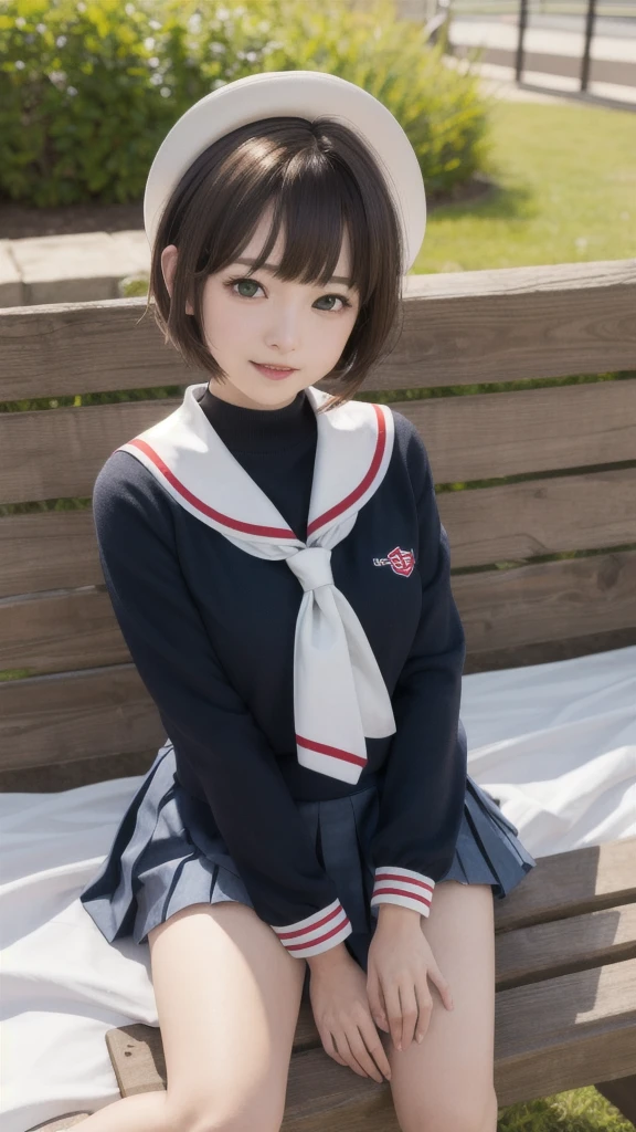 masterpiece, best quality, highres, kinomoto sakura, 1girl, brown hair, short hair, antenna hair, two side up, hair bobbles, green eyes, , white sailor collar, black shirt, long sleeves, white skirt, pleated skirt, sitting, eating, outdoors, bench, food, leaf, (masterpiece, best quality: 1.2),(very detailed face, real image, realistic skin, realistic body, intricate details),1 woman, Kinomoto Sakura, brown hair, alone, skirt, green eyes, Short hair, have, white skirt, white hat, Magic Girl, Antenna hair, laugh, serafuku, pleated skirt, dehisce, looking at viewer, cowboy shot, long sleeves, star (symbol), muffler, lie down in bed with both arms extended above the head and placed behind the pillow, anime girl lying down, expose plump breasts, whole body, plump thighs, Natural Pose, beautifully, cute, Fix errors without any awkwardness, tall, I have long legs, Wearing (tomoeda_초등school_school_Uniform),black top, tennis mini skirt,cry in shame, wearing white ankle socks, random sexy poses