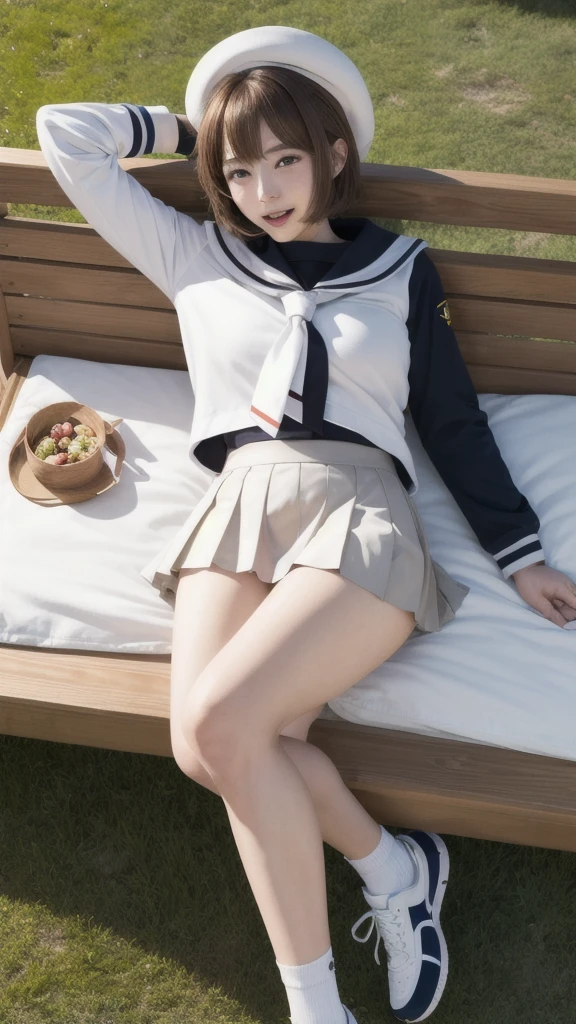 masterpiece, best quality, highres, kinomoto sakura, 1girl, brown hair, short hair, antenna hair, two side up, hair bobbles, green eyes, , white sailor collar, black shirt, long sleeves, white skirt, pleated skirt, sitting, eating, outdoors, bench, food, leaf, (masterpiece, best quality: 1.2),(very detailed face, real image, realistic skin, realistic body, intricate details),1 woman, Kinomoto Sakura, brown hair, alone, skirt, green eyes, Short hair, have, white skirt, white hat, Magic Girl, Antenna hair, laugh, serafuku, pleated skirt, dehisce, looking at viewer, cowboy shot, long sleeves, star (symbol), muffler, lie down in bed with both arms extended above the head and placed behind the pillow, anime girl lying down, expose plump breasts, whole body, plump thighs, Natural Pose, beautifully, cute, Fix errors without any awkwardness, tall, I have long legs, Wearing (tomoeda_초등school_school_Uniform),black top, tennis mini skirt,cry in shame, wearing white ankle socks, random sexy poses