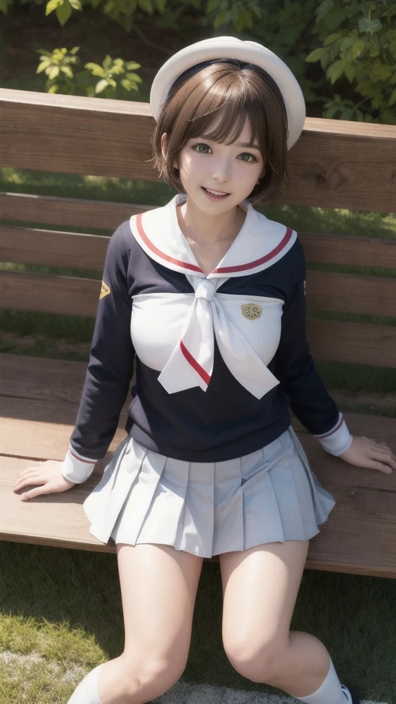 masterpiece, best quality, highres, kinomoto sakura, 1girl, brown hair, short hair, antenna hair, two side up, hair bobbles, green eyes, , white sailor collar, black shirt, long sleeves, white skirt, pleated skirt, sitting, eating, outdoors, bench, food, leaf, (masterpiece, best quality: 1.2),(very detailed face, real image, realistic skin, realistic body, intricate details),1 woman, Kinomoto Sakura, brown hair, alone, skirt, green eyes, Short hair, have, white skirt, white hat, Magic Girl, Antenna hair, laugh, serafuku, pleated skirt, dehisce, looking at viewer, cowboy shot, long sleeves, star (symbol), muffler, lie down in bed with both arms extended above the head and placed behind the pillow, anime girl lying down, expose plump breasts, whole body, plump thighs, Natural Pose, beautifully, cute, Fix errors without any awkwardness, tall, I have long legs, Wearing (tomoeda_초등school_school_Uniform),black top, tennis mini skirt,cry in shame, wearing white ankle socks, random sexy poses
