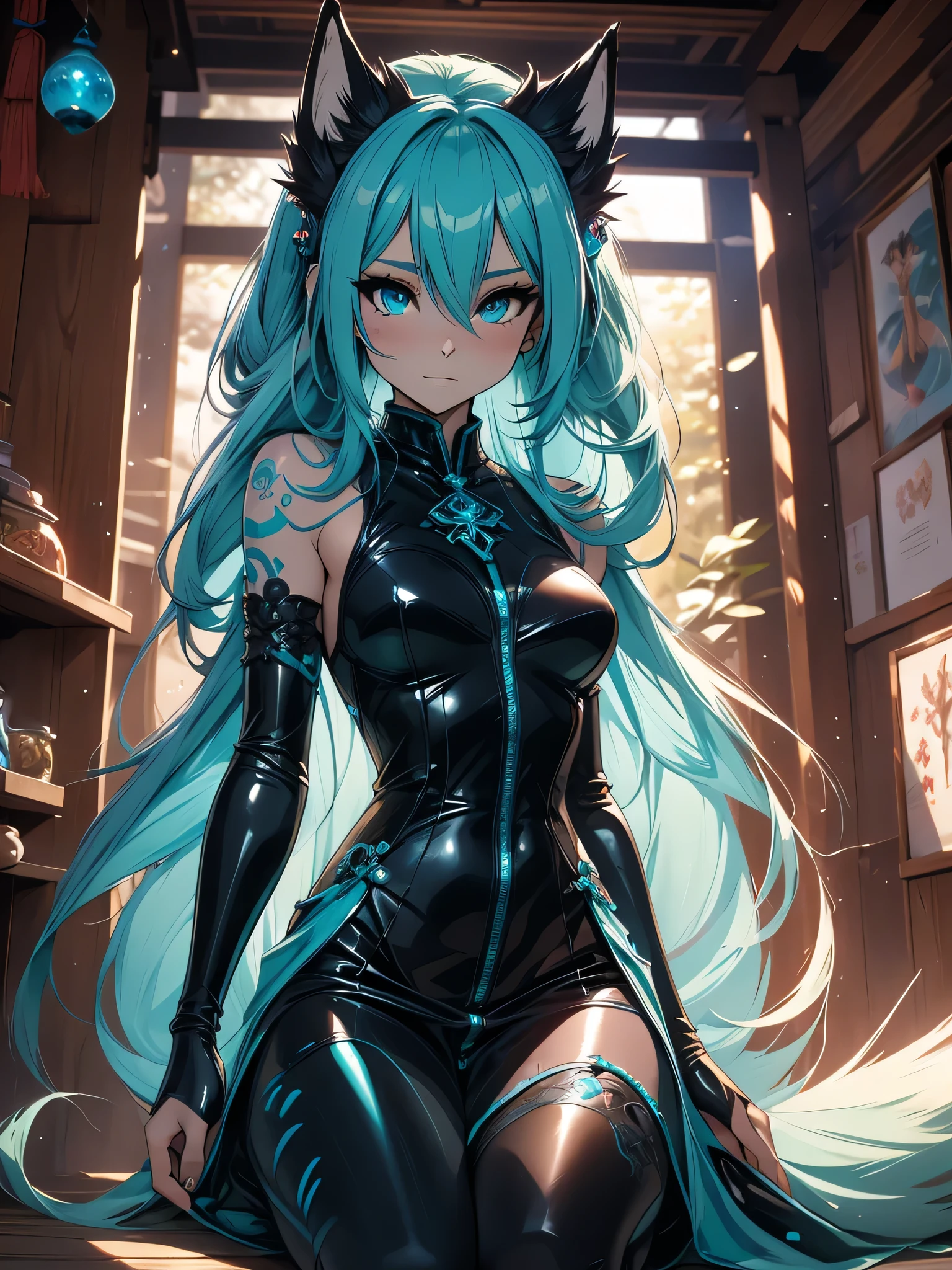 Miku Hatsune x vixen high definition add_detail:1, blue fur,kitsune ears, tribal tattoo add_detail:1, pretty girl add_detail:1, feudal priestess clothing add_detail:1, japanese shrine landscape add_detail:1, japanese shrine costume add_detail:1, add_detail:1, full body add_detail, highly detailed face, deep aqua iris add_detail:1, ninja girl, dark aura, evil face add_detail:1